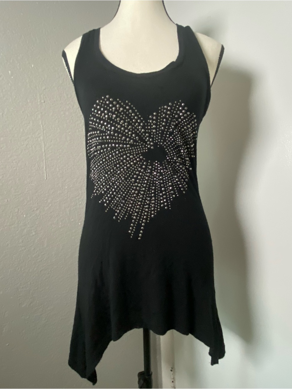 Y2K Black & Silver Studded Heart Indie Sleeze Mini Tank Dress Size Small